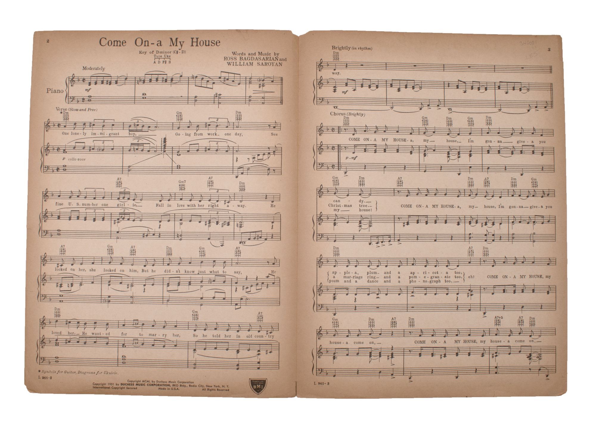 Come On-A My House. Sheet music. Words and music by Ross Bagdasarian